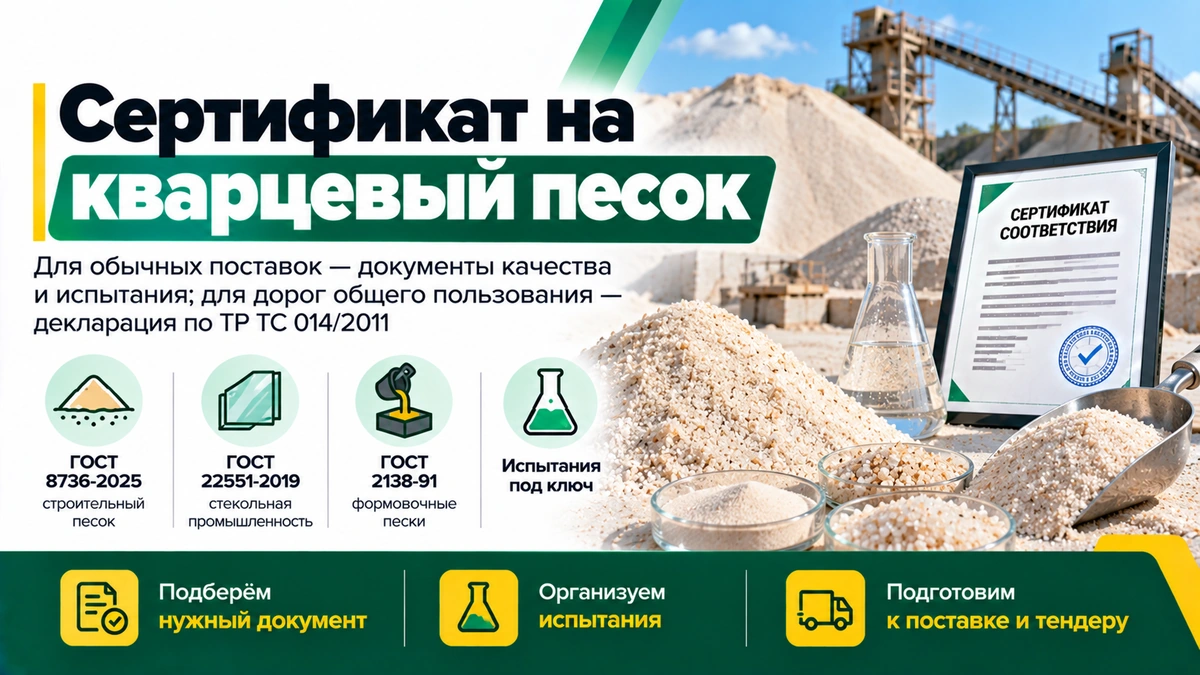 Сертификат на кварцевый песок — документы качества, испытания и дорожная декларация