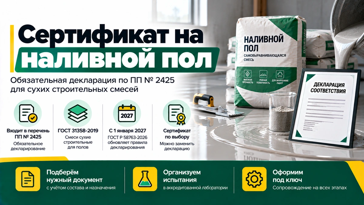 Сертификат на наливной пол — декларация и обязательная сертификация сухих напольных смесей