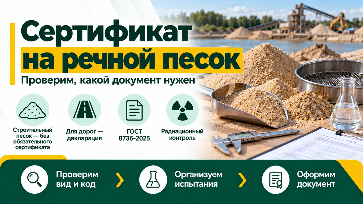 Сертификат на речной песок — декларация, ГОСТ 8736-2025 и радиационный контроль