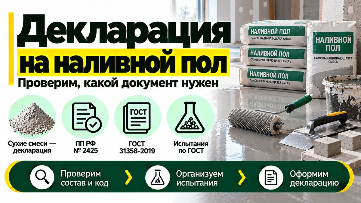 Декларация на наливной пол — сухие смеси, ГОСТ 31358-2019, испытания и оформление