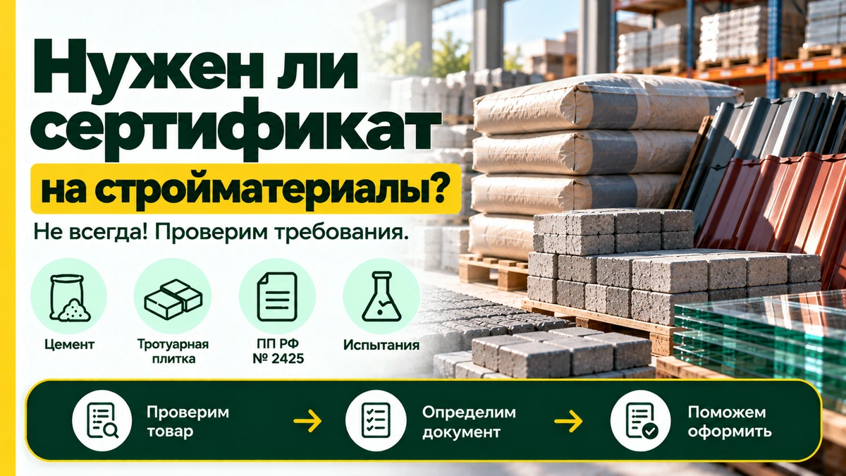 Нужен ли сертификат на строительные материалы: цемент, тротуарная плитка, герметики, окна, проверка ПП РФ № 2425 и оформление документов