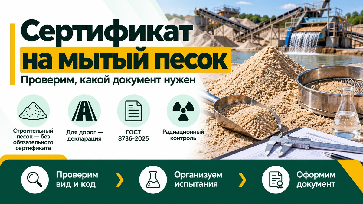 Сертификат на мытый песок — декларация, ГОСТ 8736-2025 и испытания