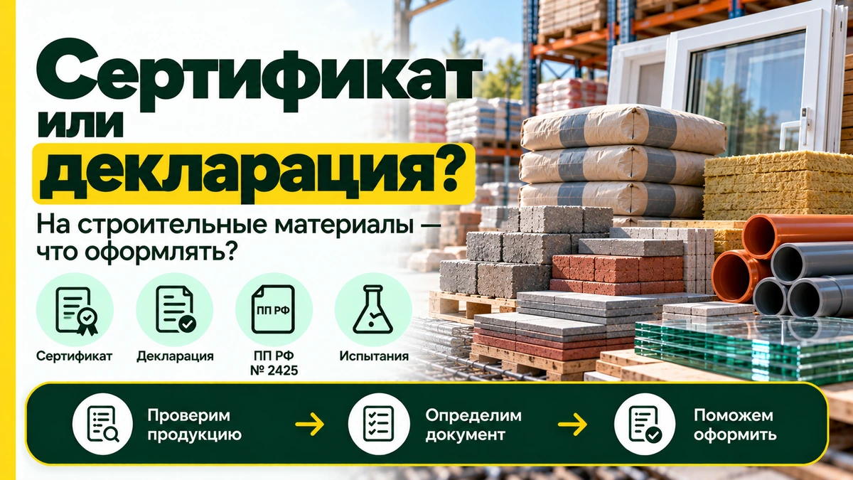 Сертификат или декларация на строительные материалы: сравнение обязательных документов, цемент, плитка, сухие смеси и проверка по ПП РФ № 2425