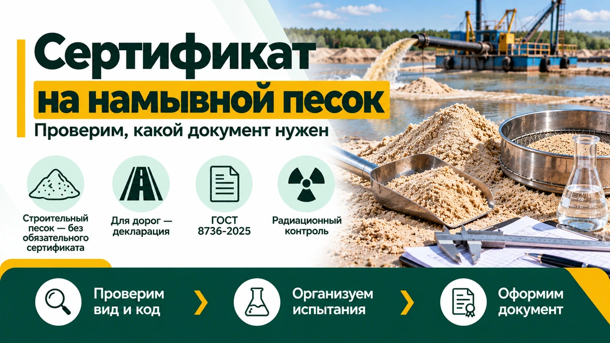 Сертификат на намывной песок — декларация, ГОСТ 8736-2025 и радиационный контроль