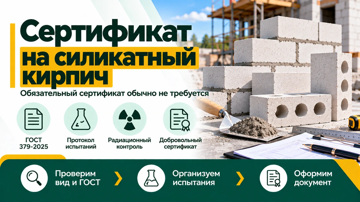 Сертификат на силикатный кирпич — ГОСТ 379-2025, испытания и добровольная сертификация
