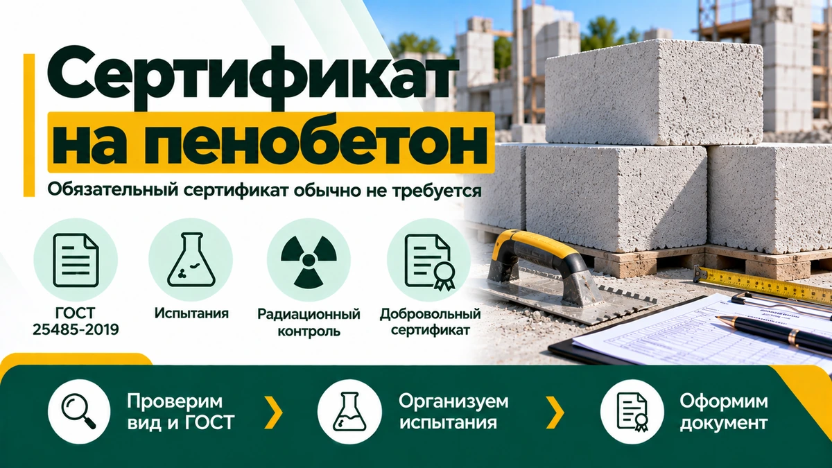 Сертификат на пенобетон — ГОСТ 25485-2019, испытания и добровольная сертификация