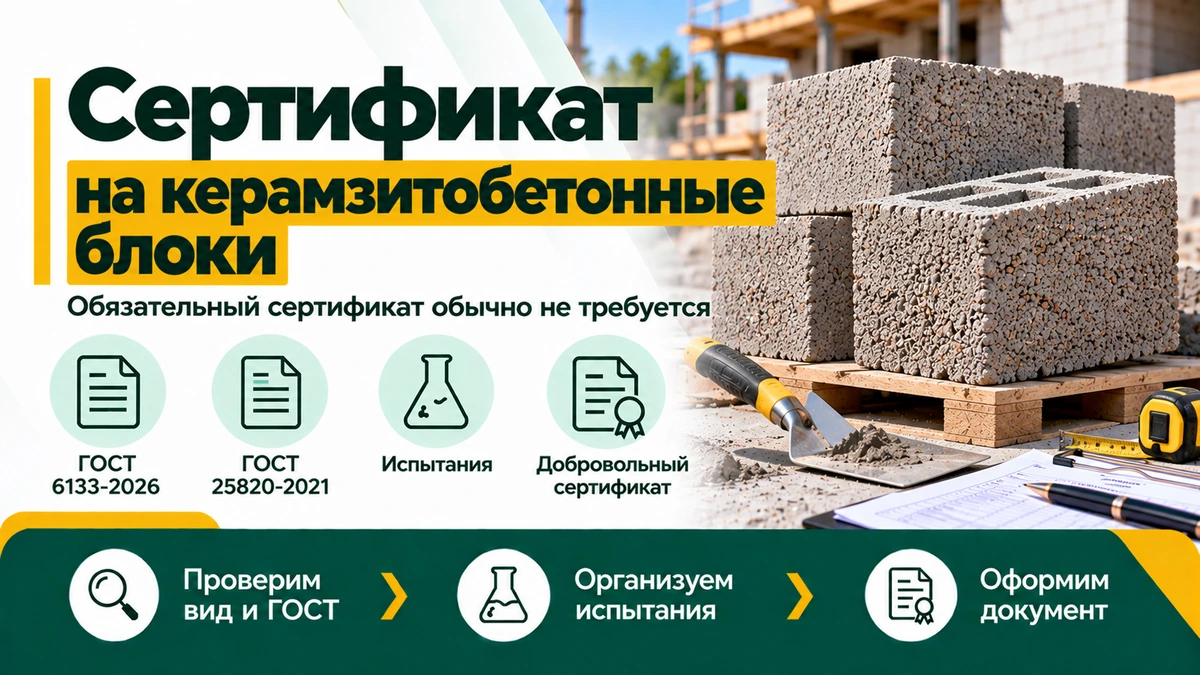 Сертификат на керамзитобетонные блоки — ГОСТ 6133-2026, испытания и добровольная сертификация