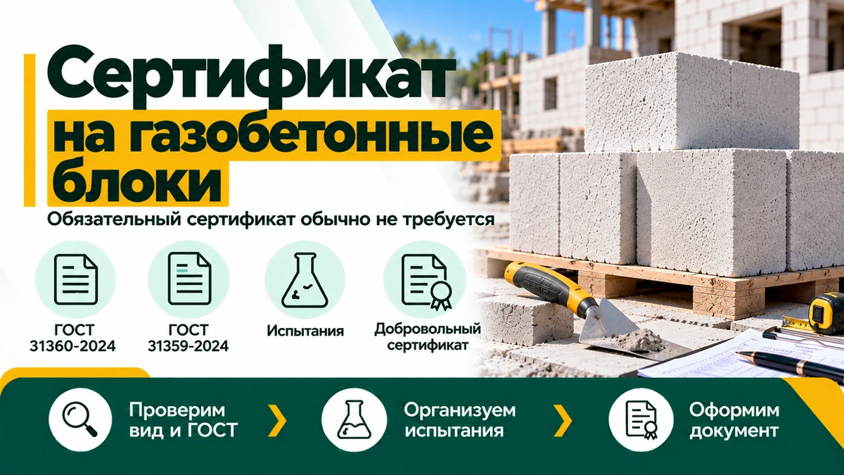 Сертификат на газобетонные блоки — ГОСТ 31360-2024, ГОСТ 31359-2024 и испытания