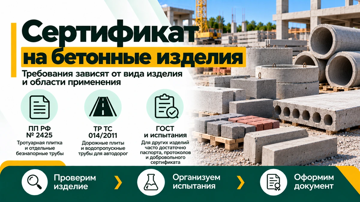 Сертификат на бетонные изделия — ПП РФ № 2425, ТР ТС 014/2011, ГОСТы и испытания