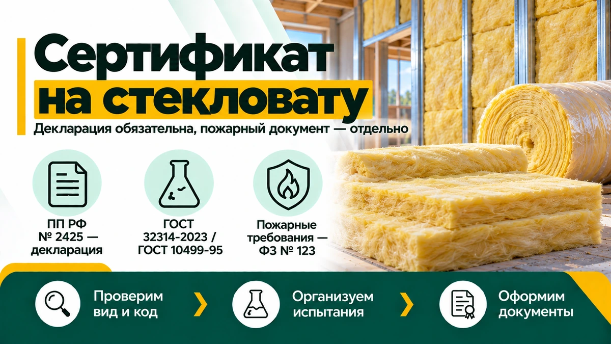Сертификат на стекловату — декларация по ПП РФ № 2425, ГОСТ 32314-2023 и пожарные требования