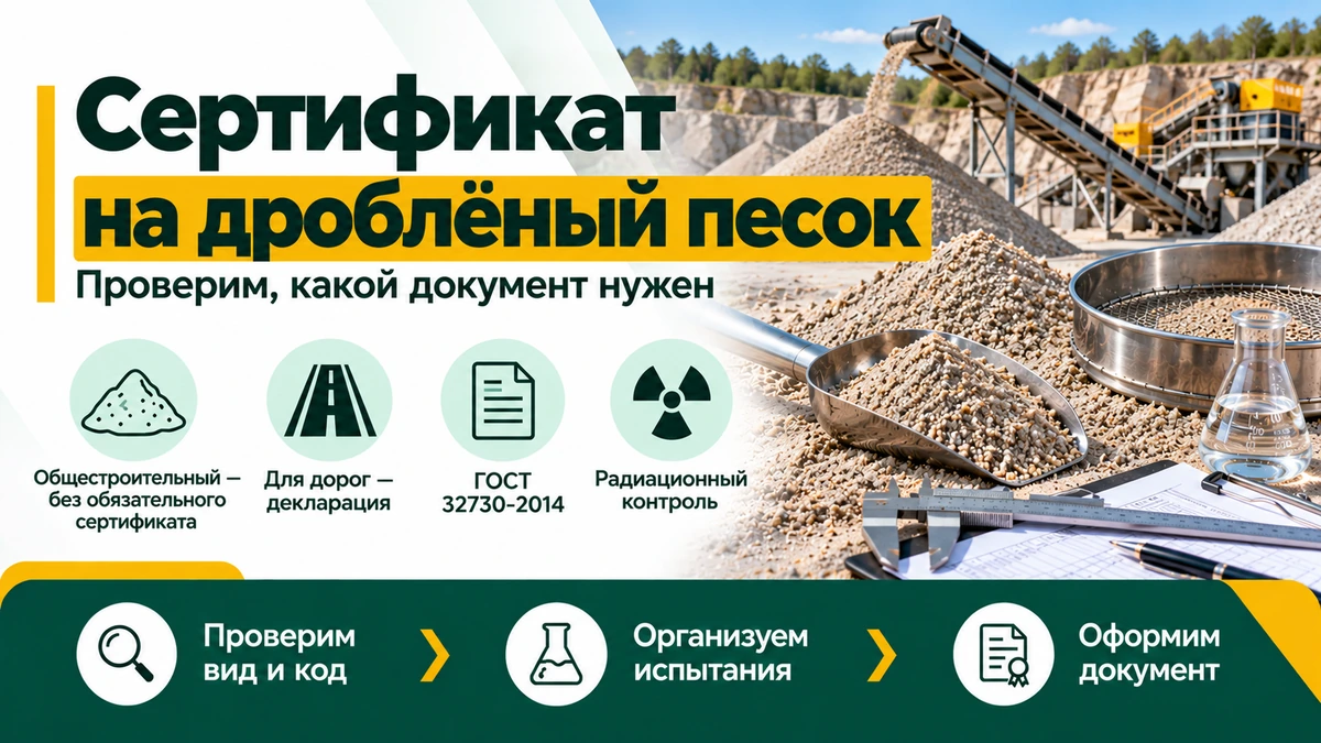 Сертификат на дроблёный песок — декларация, ГОСТ 32730-2014 и испытания