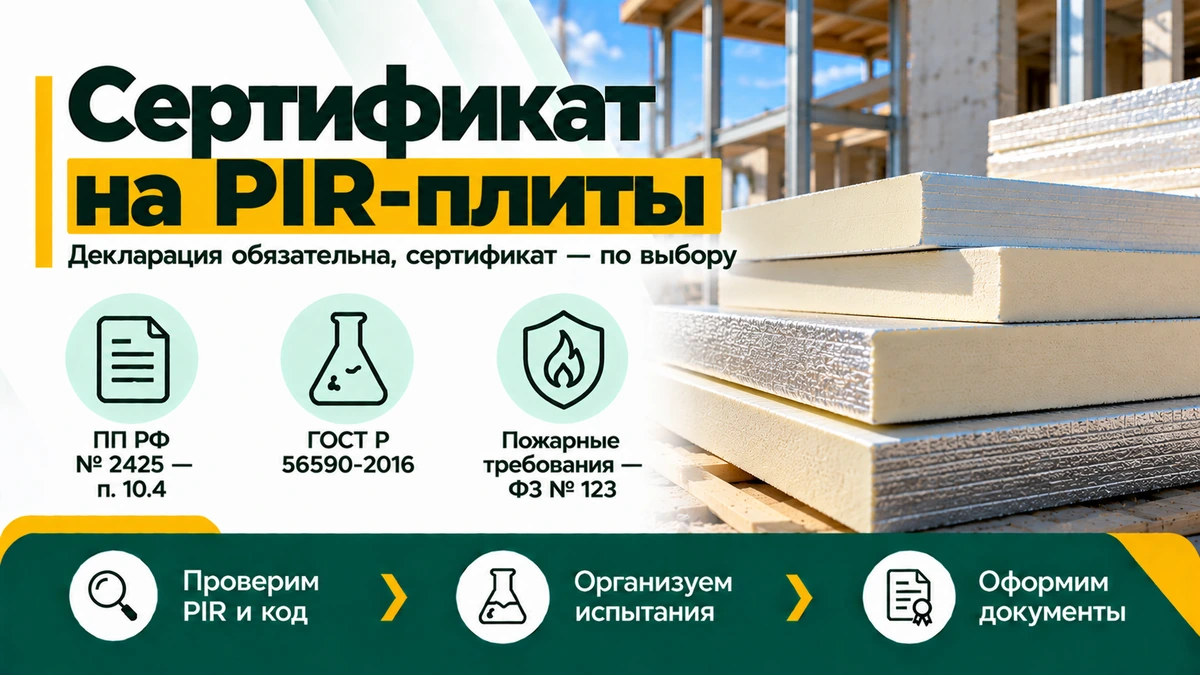 Сертификат на PIR-плиты — декларация по ПП РФ № 2425, ГОСТ Р 56590-2016 и пожарные требования