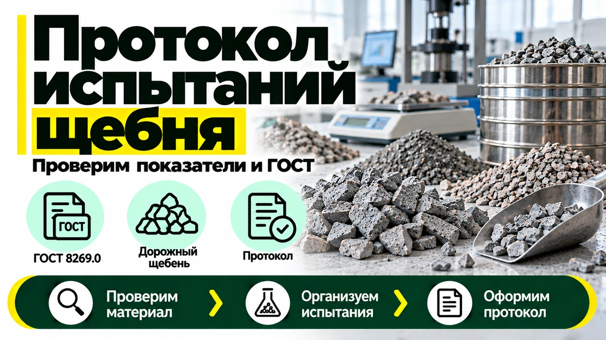 Протокол испытаний щебня — образцы щебня и лабораторные сита, проверка по ГОСТ, НормаСерт