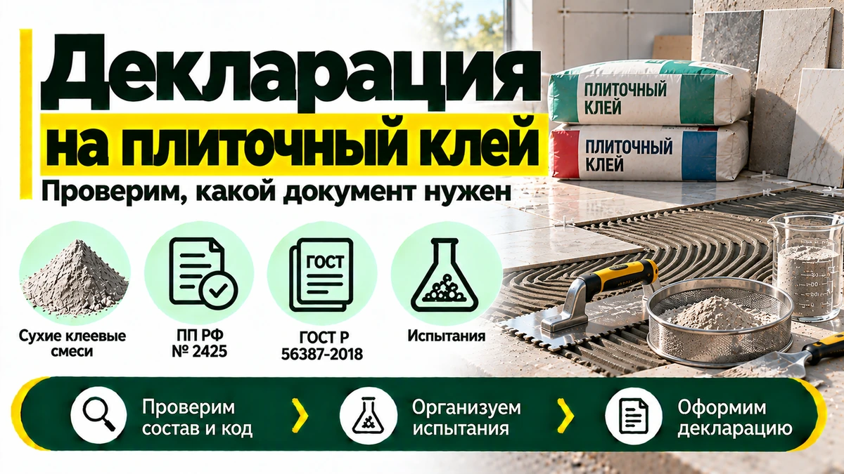 Декларация на плиточный клей — ПП РФ № 2425, ГОСТ Р 56387-2018, испытания и регистрация