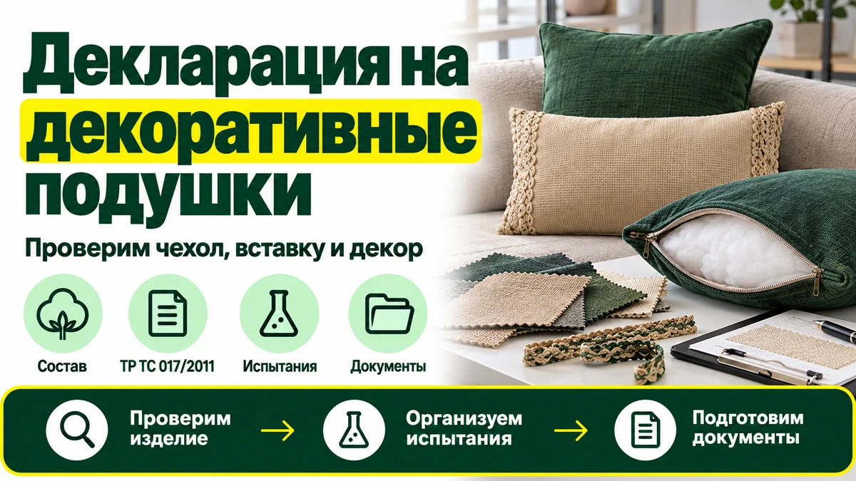 Декларация на декоративные подушки: зелёные и светлая диванные модели, открытый чехол с наполненной вставкой, ткани и тесьма.