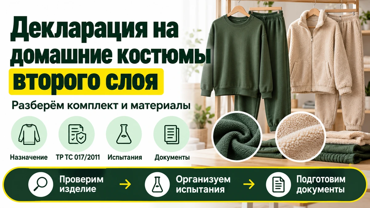 Декларация на домашние костюмы второго слоя: зелёный комплект и светлый флисовый набор, образцы полотен и фактуры ворса.