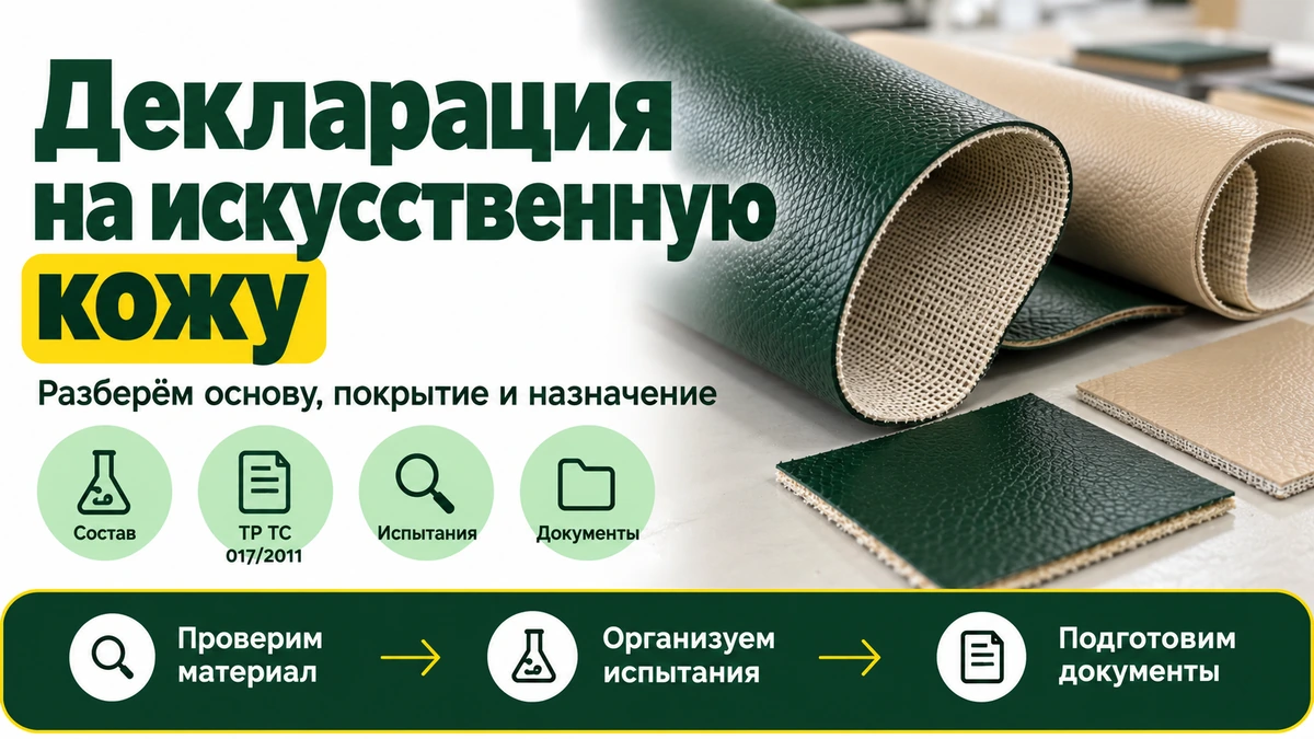 Декларация на искусственную кожу: зелёное и бежевое полимерное покрытие на рулонах с видимой текстильной основой.