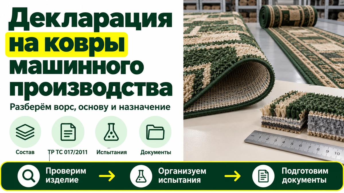 Декларация на ковры машинного производства: зелёно-светлый ковёр и узкая дорожка, изнанка и разрезы ворса и основы.