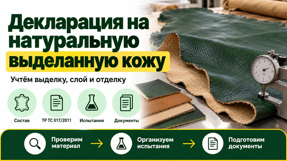 Декларация на натуральную выделанную кожу: зелёная кожа с лицевым покрытием и светлой изнанкой, образцы слоёв и толщиномер.