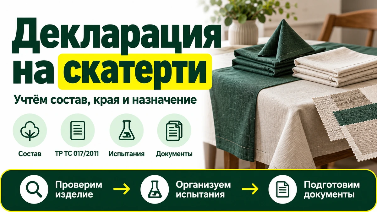 Декларация на скатерти: светлая и зелёная ткань на столе, сложенные столовые салфетки и образцы льняного полотна.