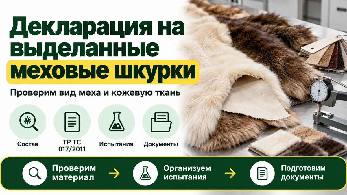 Декларация на выделанные меховые шкурки: светлый и коричневый мех, открытая кожевая ткань, образцы отделки и толщиномер.